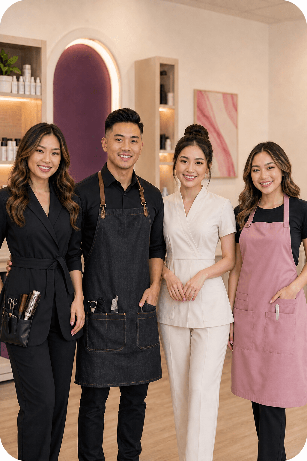 Bốn chuyên viên Cosmetology, Barbering, Esthetics và Nail đứng cùng nhau trong studio